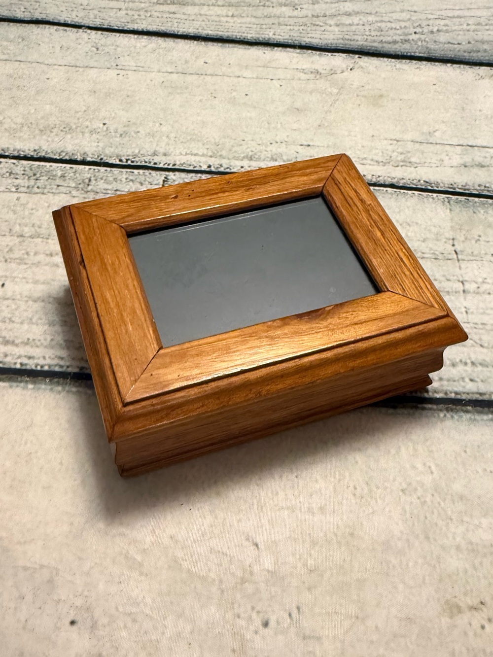 Vintage Small Wooden Jewelry Box with Photo Frame Lid and mirror inside.